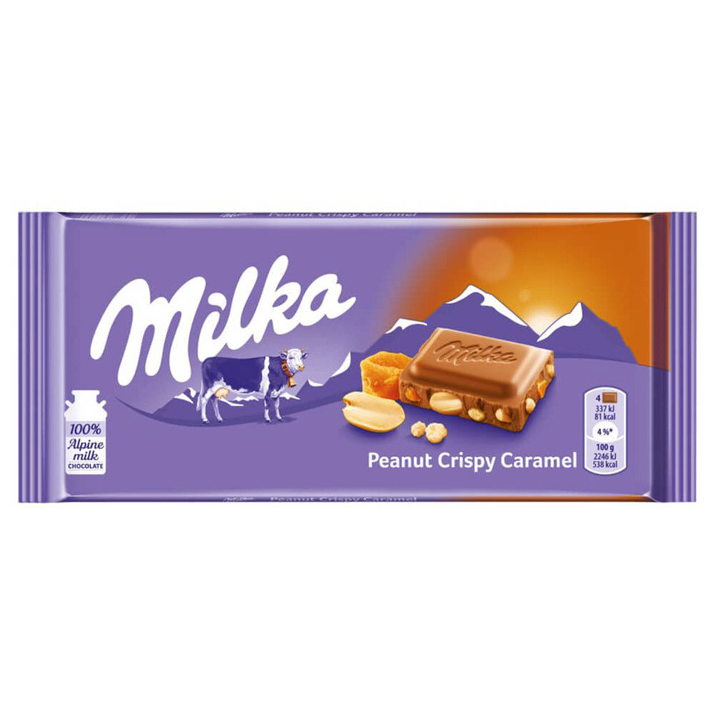 Milka Peanut Crispy Caramel 90g chocolate bar with packaging showcasing the product, nutritional information, and iconic purple design with alpine imagery.