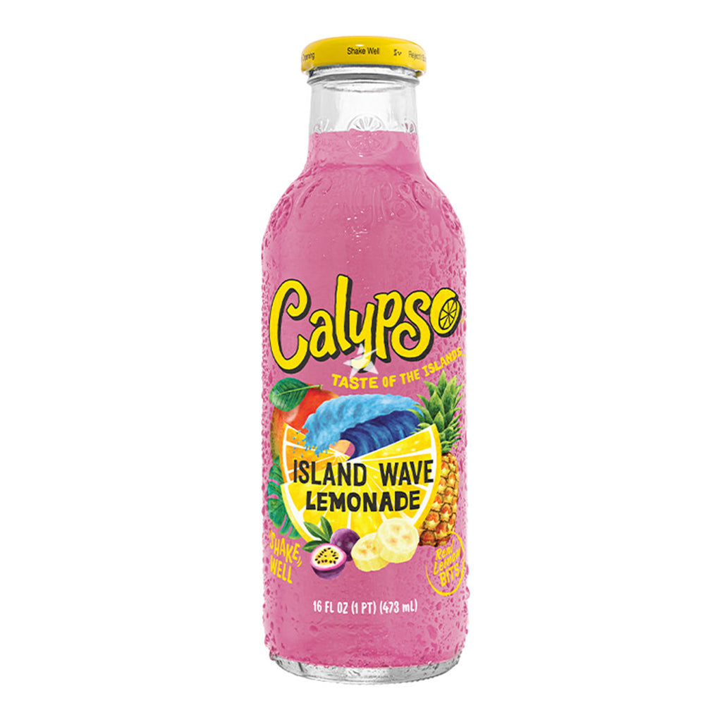Bottle of Calypso Island Wave Lemonade 473ml with a vibrant pink lemonade color and tropical branding.