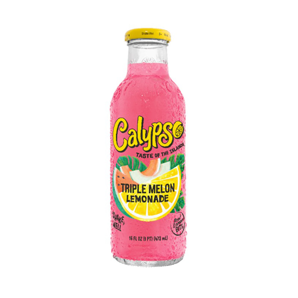 Bottle of Calypso Triple Melon Lemonade 473ml with vibrant pink label showcasing watermelon, cantaloupe, and honeydew slices.