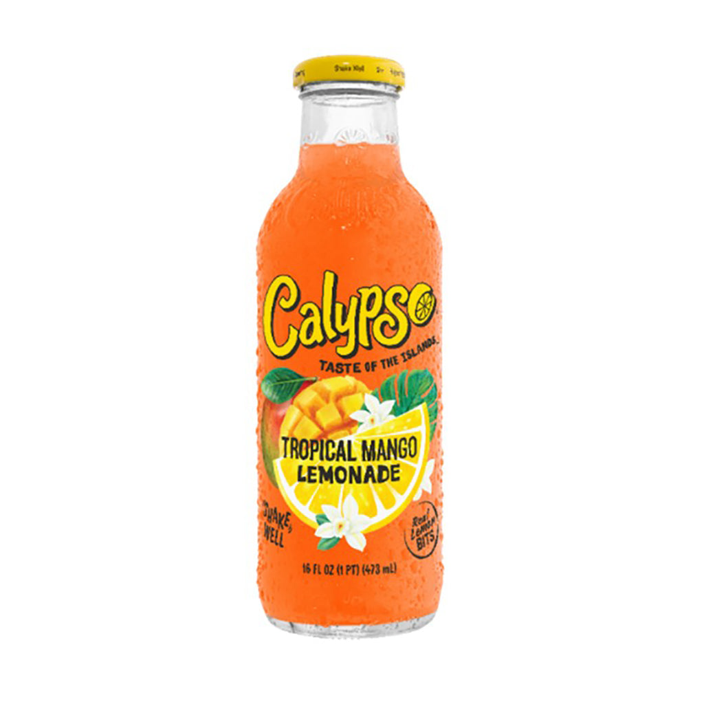 Calypso Tropical Mango Lemonade 473ml bottle with vibrant orange color and island-inspired design against a white background.