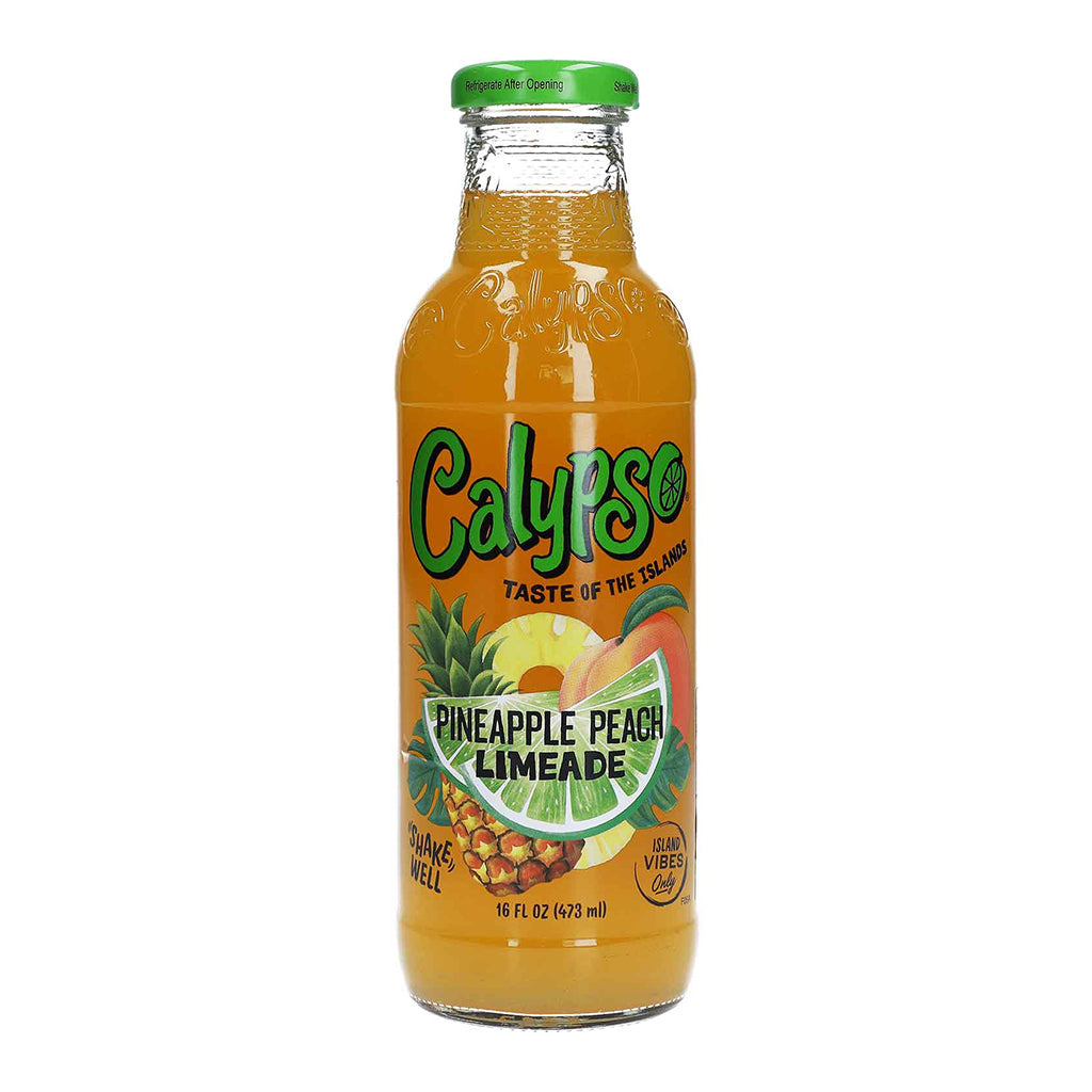 Calypso Pineapple Peach Limeade 473ml bottle with a clear view of vibrant label and refreshing tropical drink.