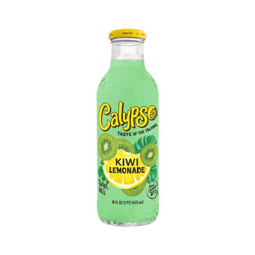 Bottle of Calypso Kiwi Lemonade 473ml with vibrant green color and fresh kiwi fruit slices on the label.