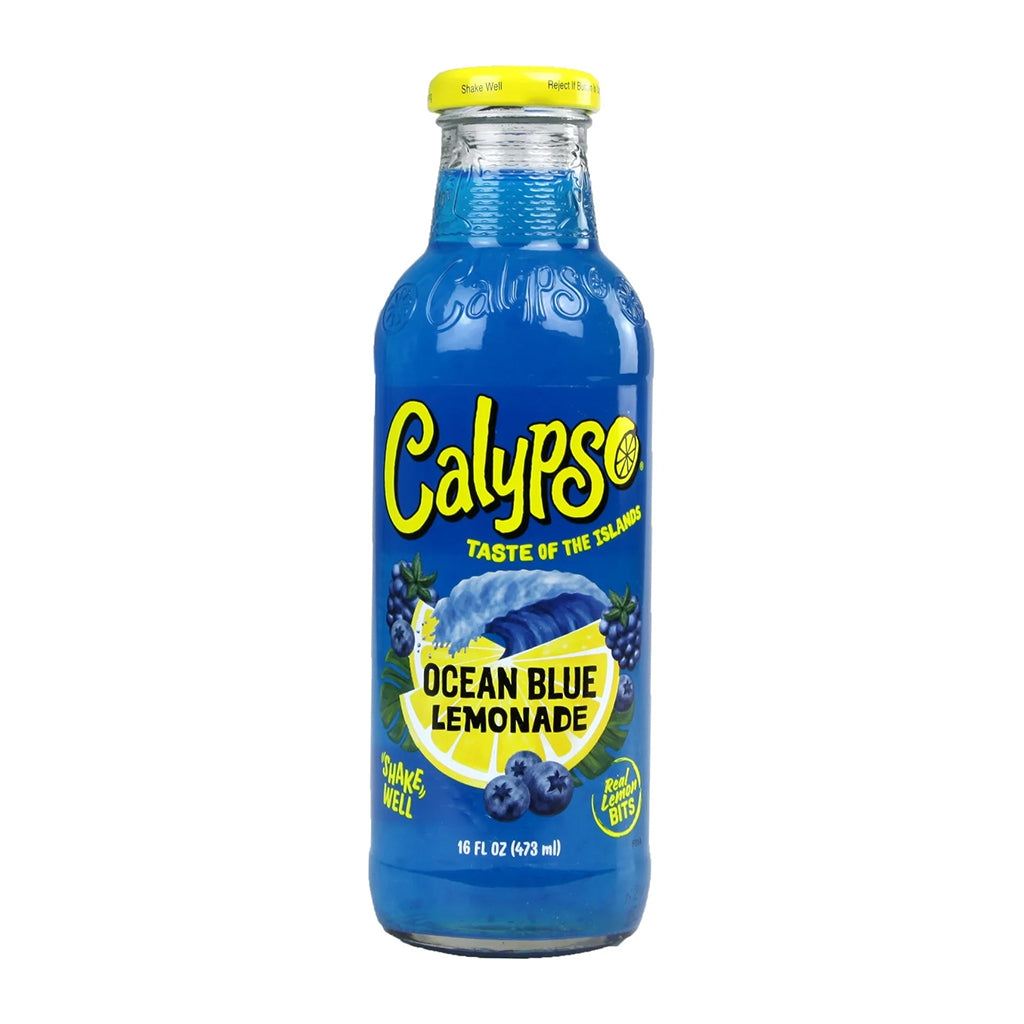 Calypso Ocean Blue Lemonade 473ml bottle with vibrant blue color and lemon graphics, showcasing the refreshing island-flavored drink.