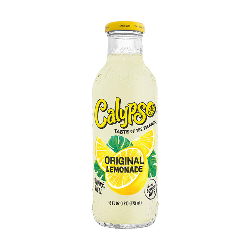 Calypso Original Lemonade 473ml bottle with logo and sliced lemon graphics, refreshing beverage option.