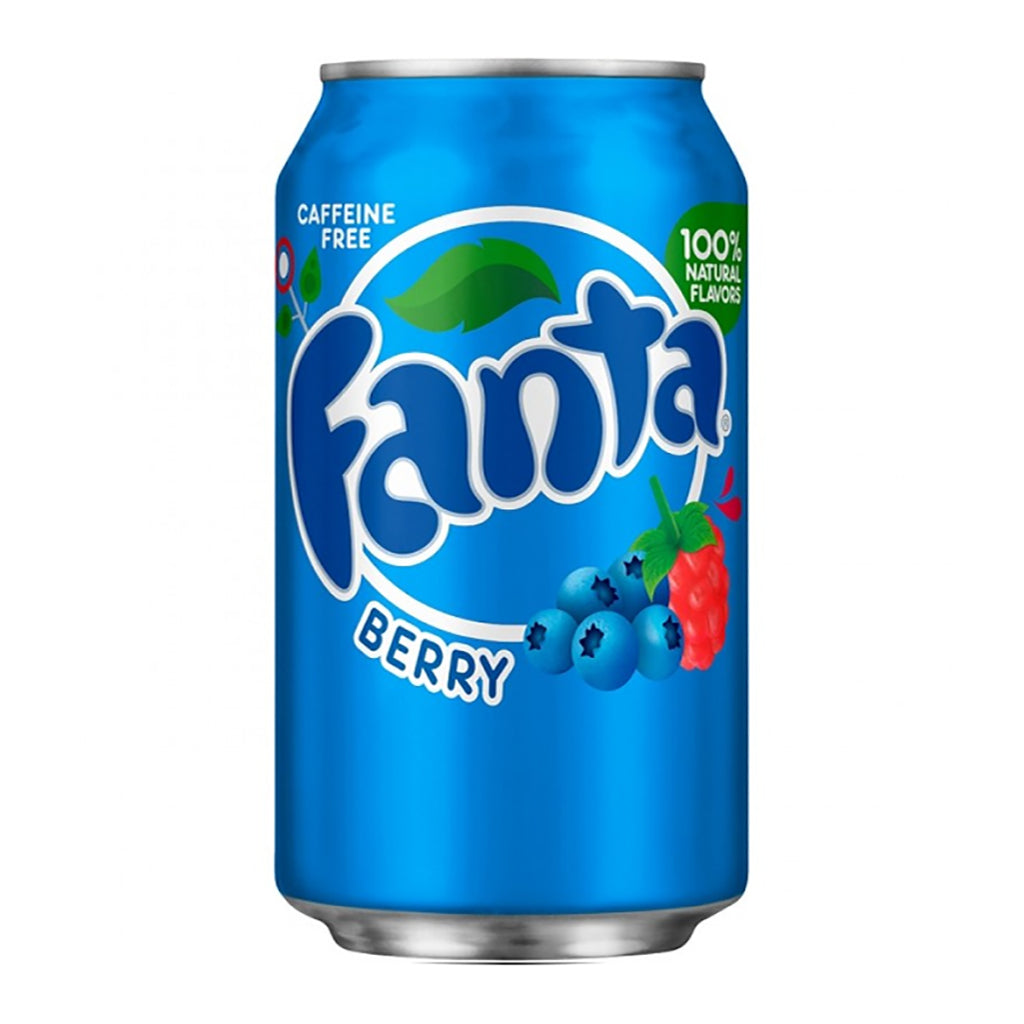 Blue 355 ml Fanta Berry soda can showing caffeine-free label and 100% natural flavors notation with berry illustrations.