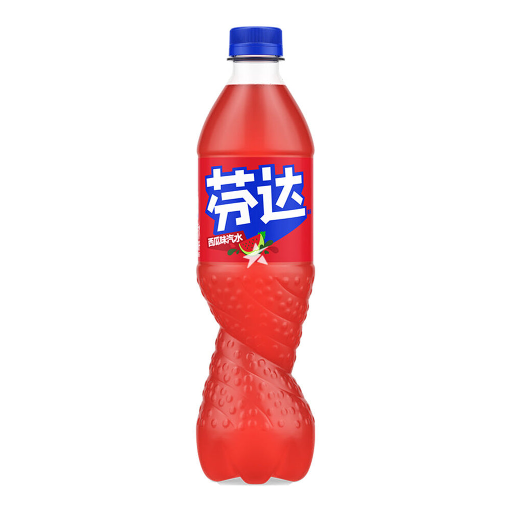 Bottle of Fanta Watermelon Flavour 500ml with Chinese labeling and vibrant red color, isolated on a white background.