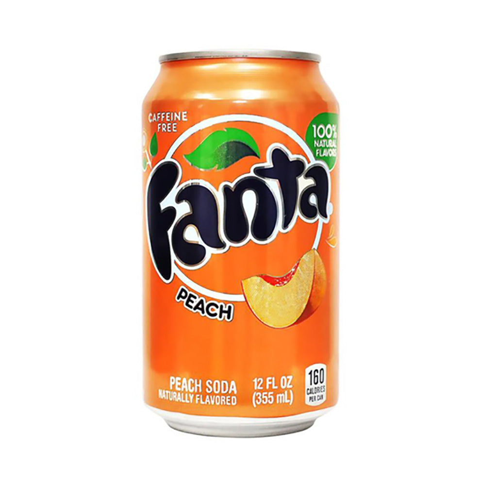 Fanta Peach Flavored Soda 355ml can with vibrant orange design and a slice of peach, caffeine-free and naturally flavored beverage.