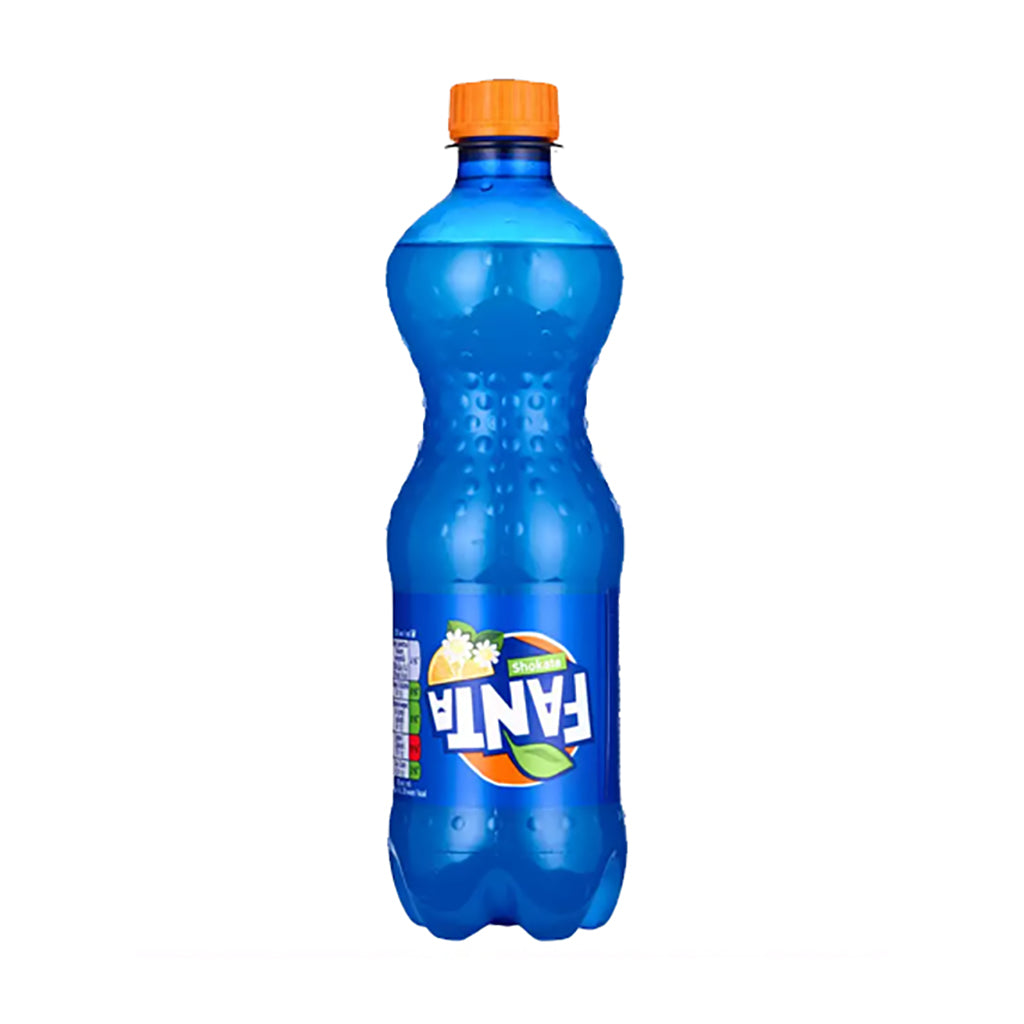 Fanta Shokata 500ml bottle with a distinctive blue color and branded label, featuring elderberry and lemon flavors.