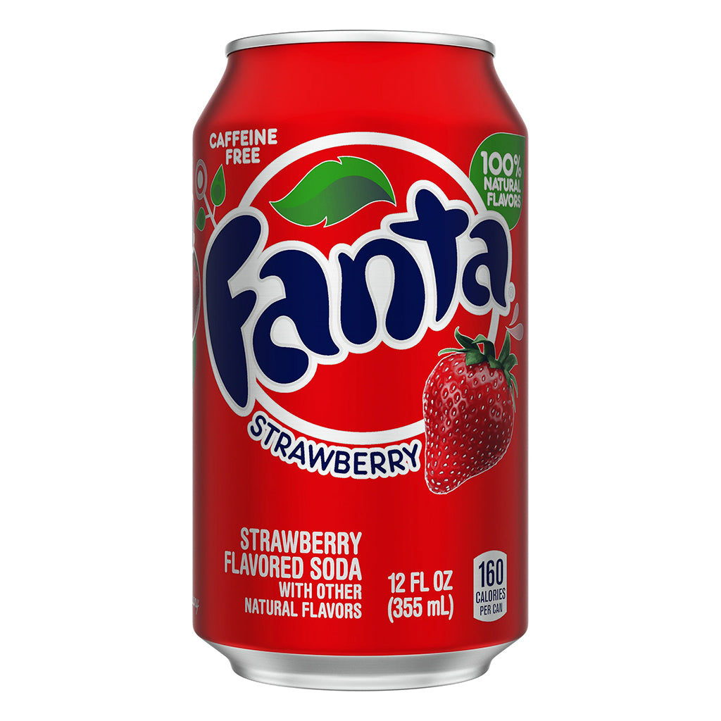 Fanta Strawberry flavored soda 355 ml can with caffeine-free label and nutritional information