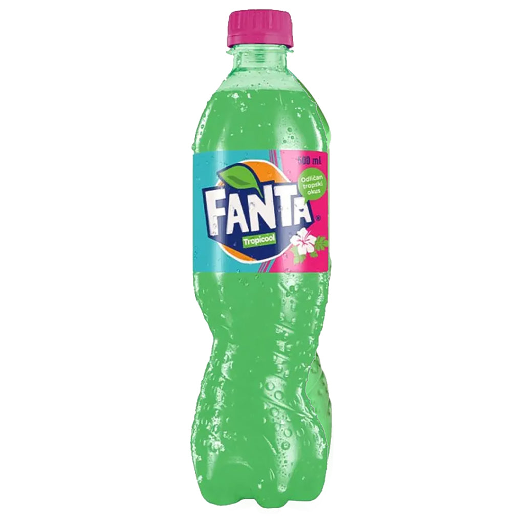 Fanta Tropicool 500ml bottle with vibrant label and tropical design, showcasing the refreshing citrus-flavored soda beverage.