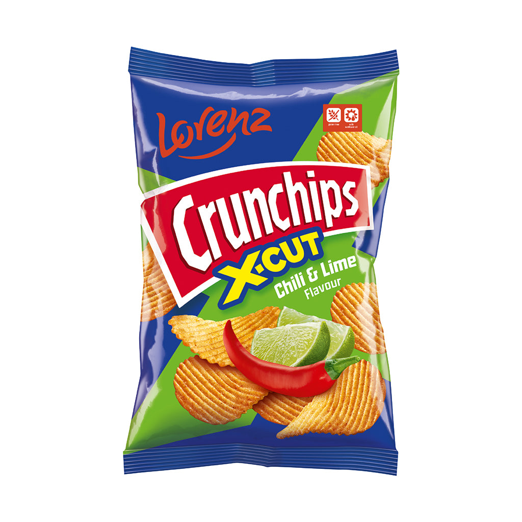 Bag of Lorenz Crunchips X-Cut with Chilli & Lime Flavour 130g, showcasing rippled potato chips, spicy red chilli and fresh lime slice.