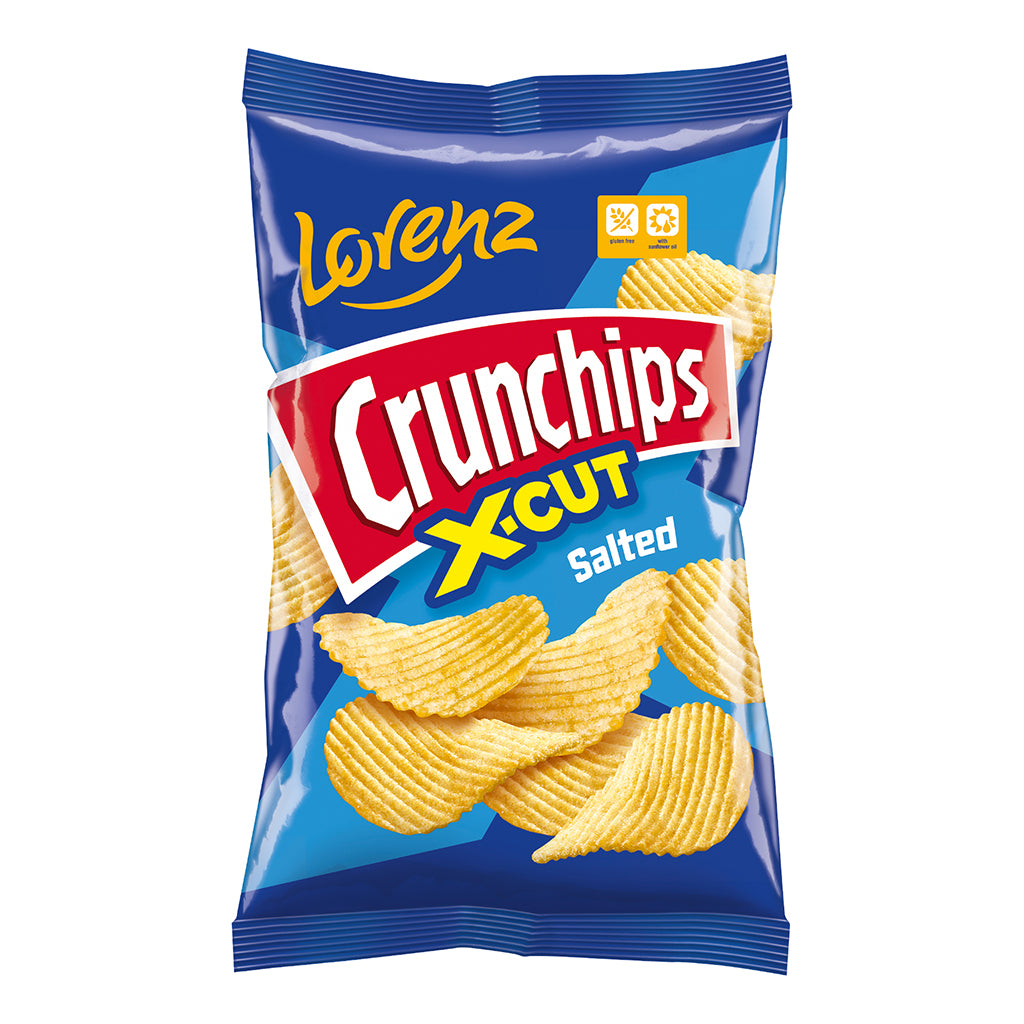 Lorenz Crunchips X-cut Salted 130g pack, ridge-cut potato chips in a vibrant blue packaging.