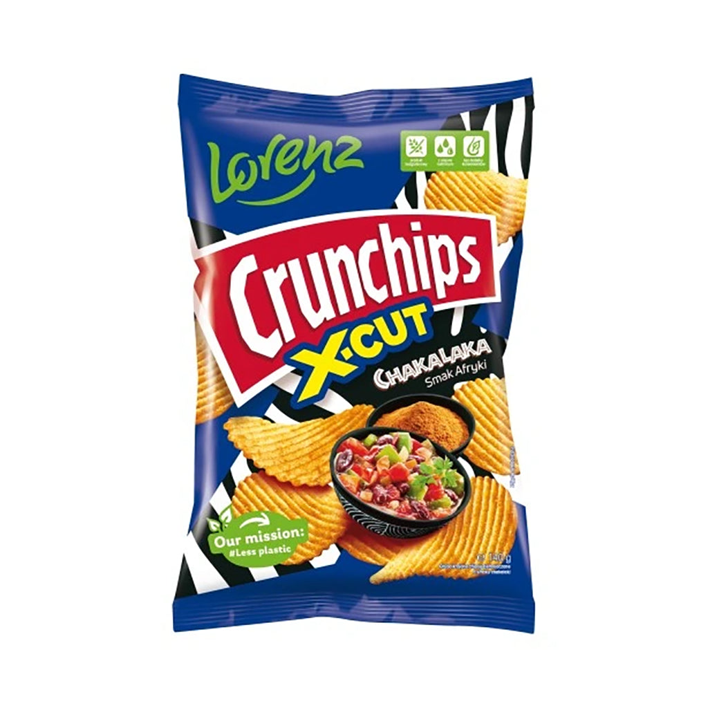 Pack of Lorenz Crunchips X-CUT 140g with Chakalaka flavor, displaying ridged chips and a bowl of fresh salsa on the front.
