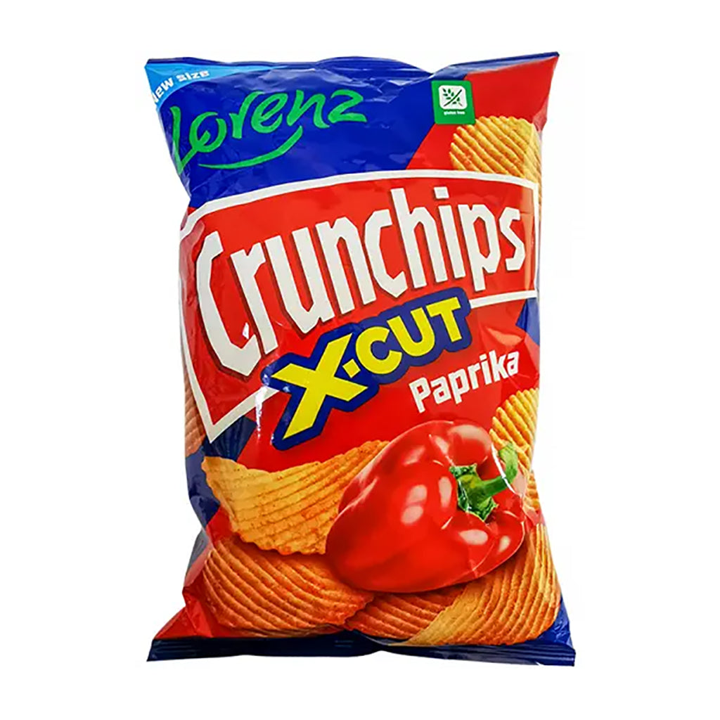 Lorenz Crunchips X-CUT Paprika flavored, gluten-free crisps, 130g bag with ridged chips and red bell pepper imagery.