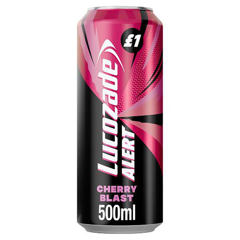 Lucozade Alert Cherry Blast Energy Drink 500ml can with vibrant pink and black design displaying price offer