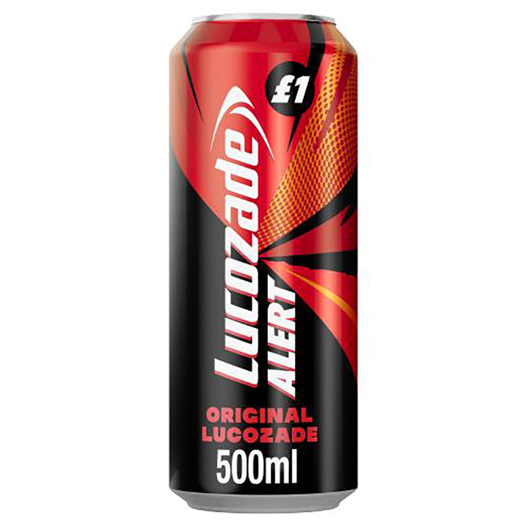 Lucozade Alert Original Energy Drink 500ml can with dynamic red and black design and prominent branding