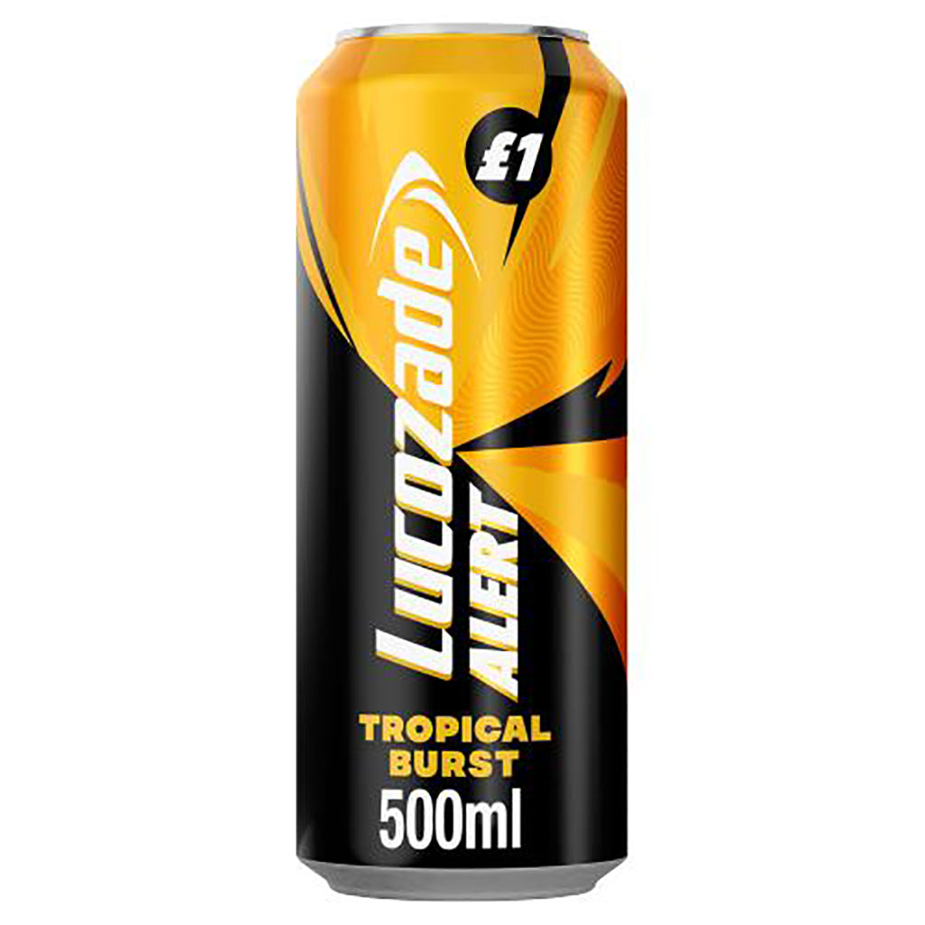 Lucozade Alert Tropical Burst Energy Drink 500ml can with vibrant yellow and black design.