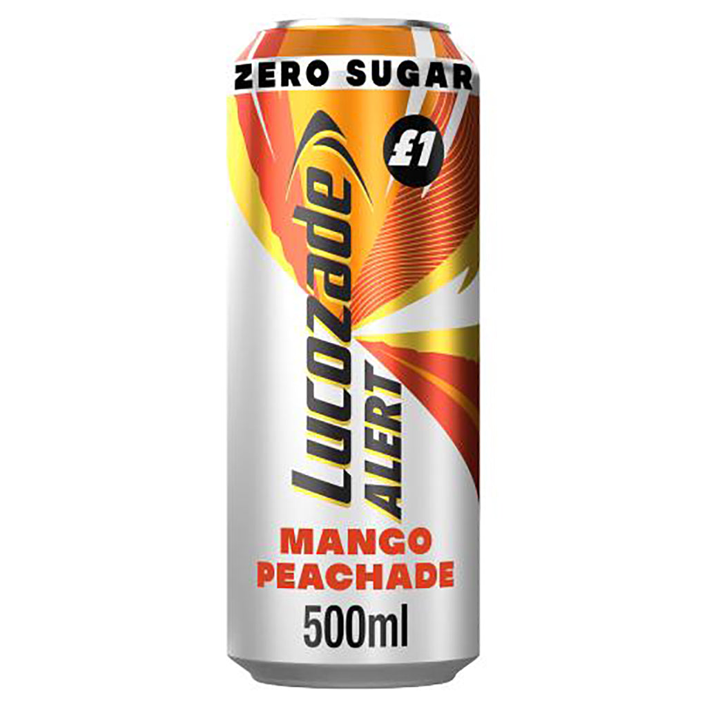Lucozade Alert Zero Mango & Peach Caffeine Energy Drink 500ml can with vibrant yellow and red design and zero sugar label.