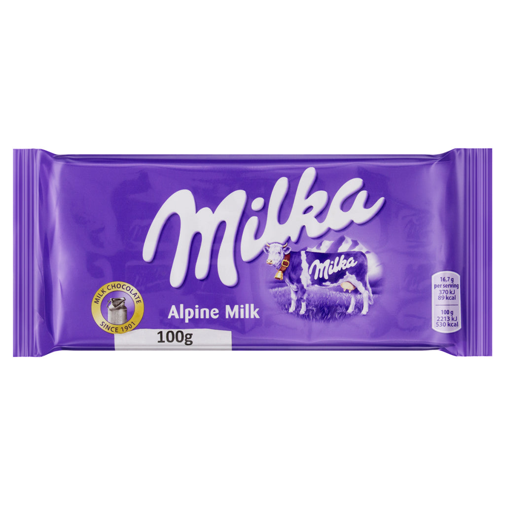 Milka Alpine Milk Chocolate Bar 100g with iconic purple packaging and logo displayed.