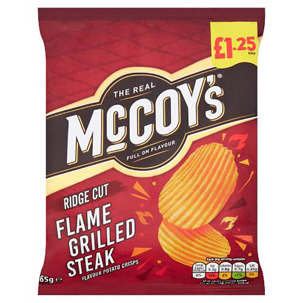 McCoy's Ridge Cut Flame Grilled Steak Flavour Potato Crisps 65g pack with price tag, displaying the snack's texture and branding.