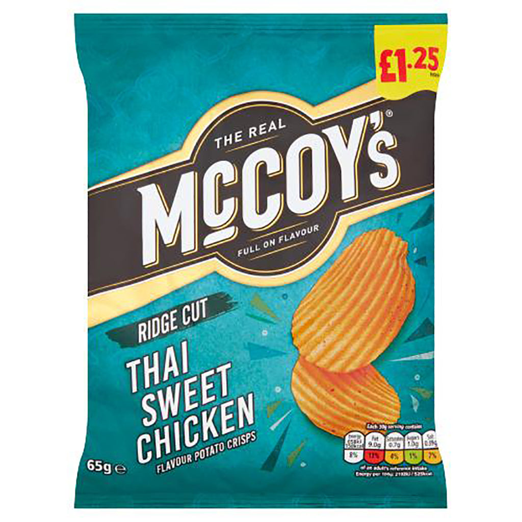 McCoy's Ridge Cut Thai Sweet Chicken Flavour Potato Crisps 65g bag showing price and nutritional information.