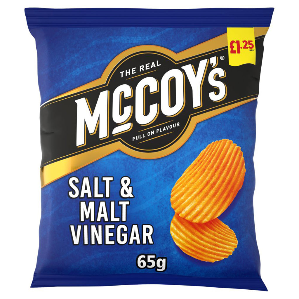 Pack of McCoy's Salt & Malt Vinegar Sharing Crisps 65g with price tag, on a vibrant blue background with two crisps shown in front.