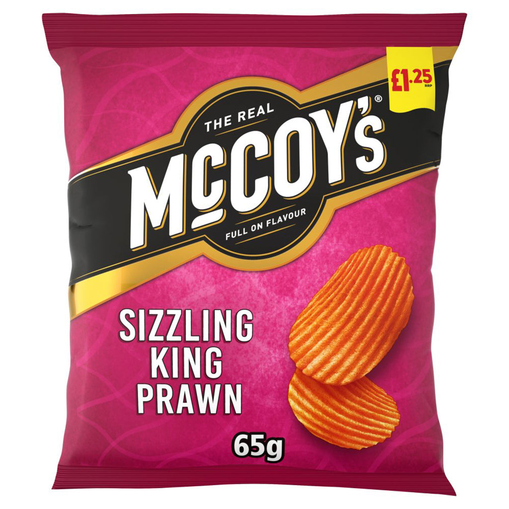Pack of McCoy's Sizzling King Prawn Sharing Crisps 65g with vibrant pink packaging, boldly flavored ridged potato chips, and price tag displayed.