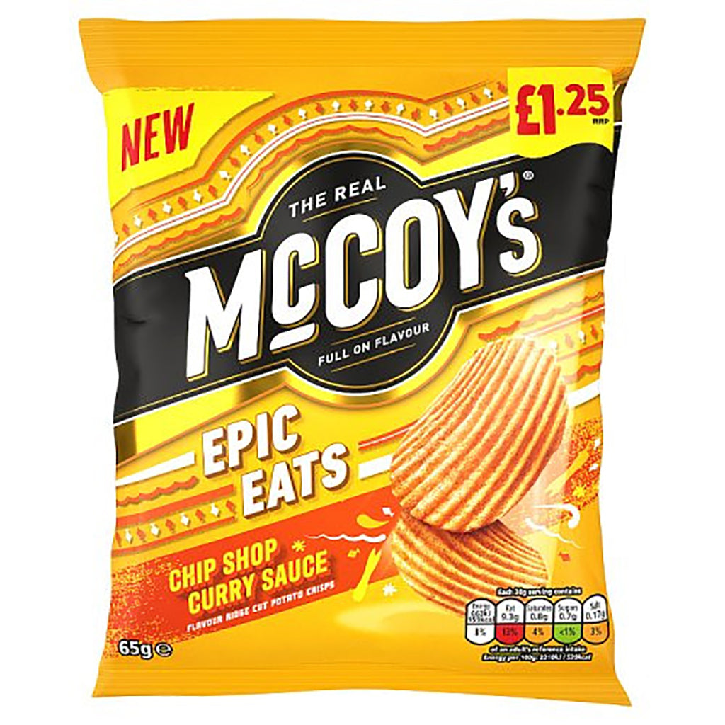 Pack of McCoys Epic Eats Bangin' BBQ crisps 65g with ridged chips on bright yellow packaging, displaying price and flavor information.