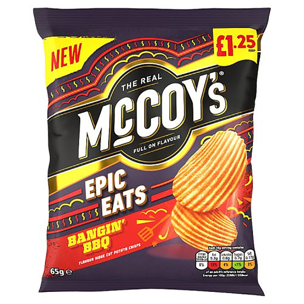 Pack of McCoys Epic Eats Bangin BBQ 65g ridged potato chips with bold flavor, displayed with price on vibrant packaging.