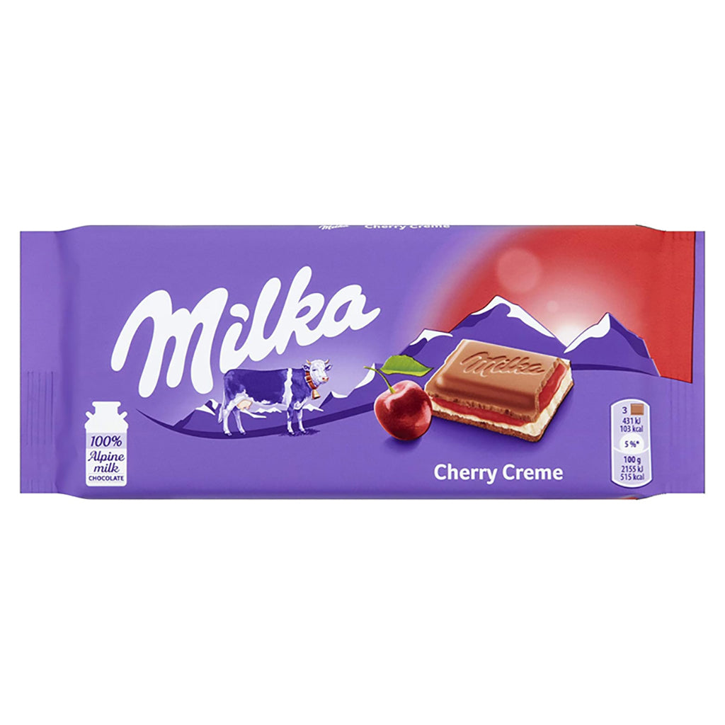 Milka Cherry Creme Chocolate Bar 100g with Alpine milk packaging and cherry piece illustration.