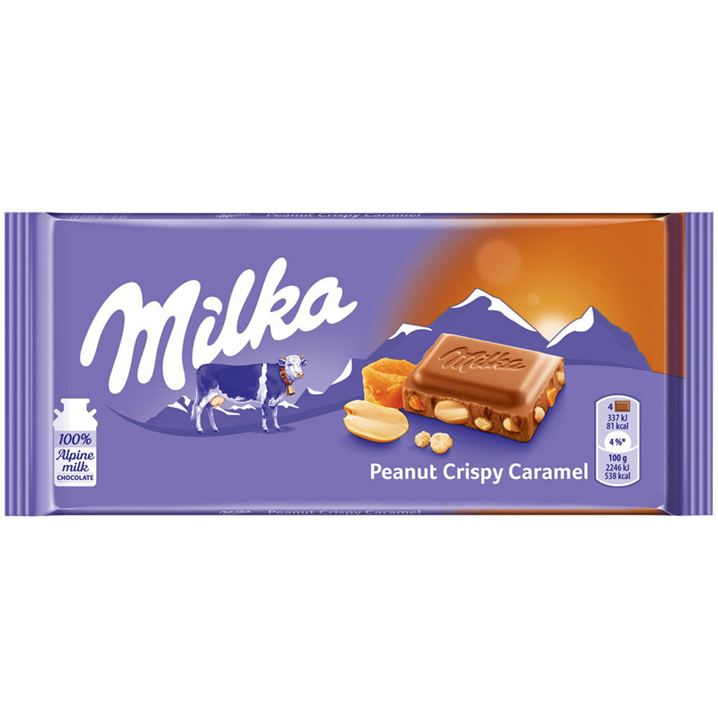 Milka Peanut Crispy Caramel 90g chocolate bar with Alpine milk, featuring packaging with cow and mountain graphics, nutritional information, and a piece of chocolate showing caramel and peanuts.