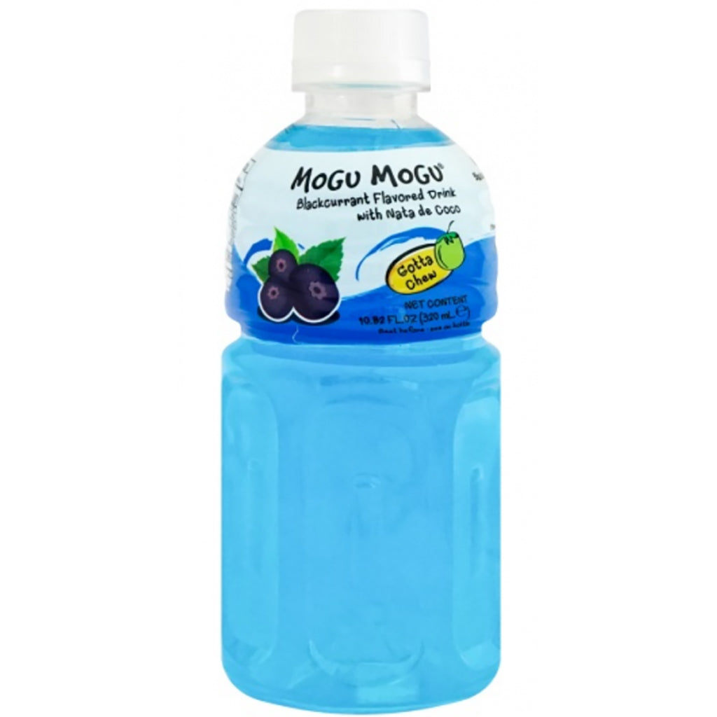 Bottle of Mogu Mogu Blackcurrant Juice with Nata De Coco 320ml against a white background.