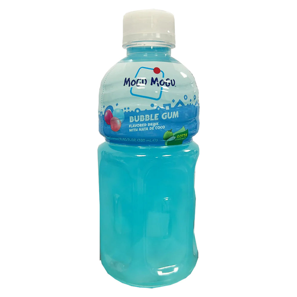 Bottle of Mogu Mogu Bubble Gum Drink with Nata De Coco 320ml, showcasing the bright blue liquid and label design.
