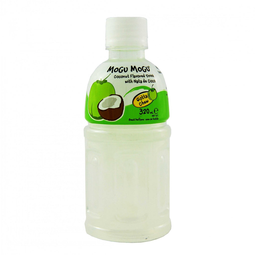 Mogu Mogu Coconut Flavored Drink 320ml bottle with nata de coco pieces on white background.