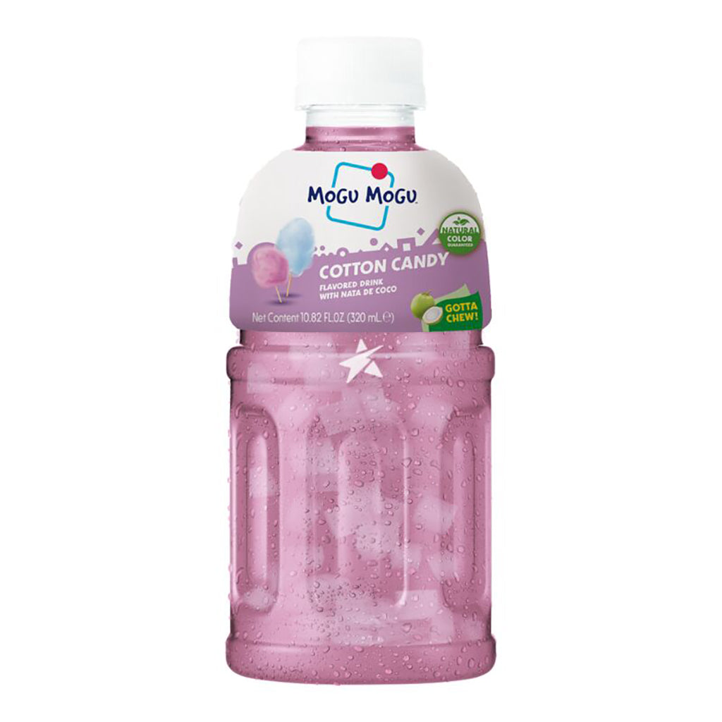 Mogu Mogu Cotton Candy Flavored Drink with Nata de Coco in a 320ml bottle, showcasing the pink beverage with condensation and the label prominently displayed.