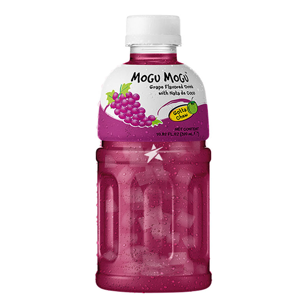 Bottle of Mogu Mogu Grape Flavored Drink with Nata de Coco 320ml showing juicy grape illustration and distinctive purple packaging.