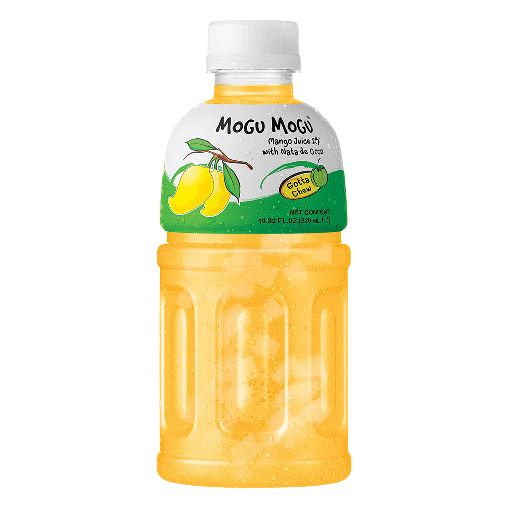 Bottle of Mogu Mogu Mango Flavoured Drink with Nata de Coco 320ml with vibrant label and visible fruit chunks.
