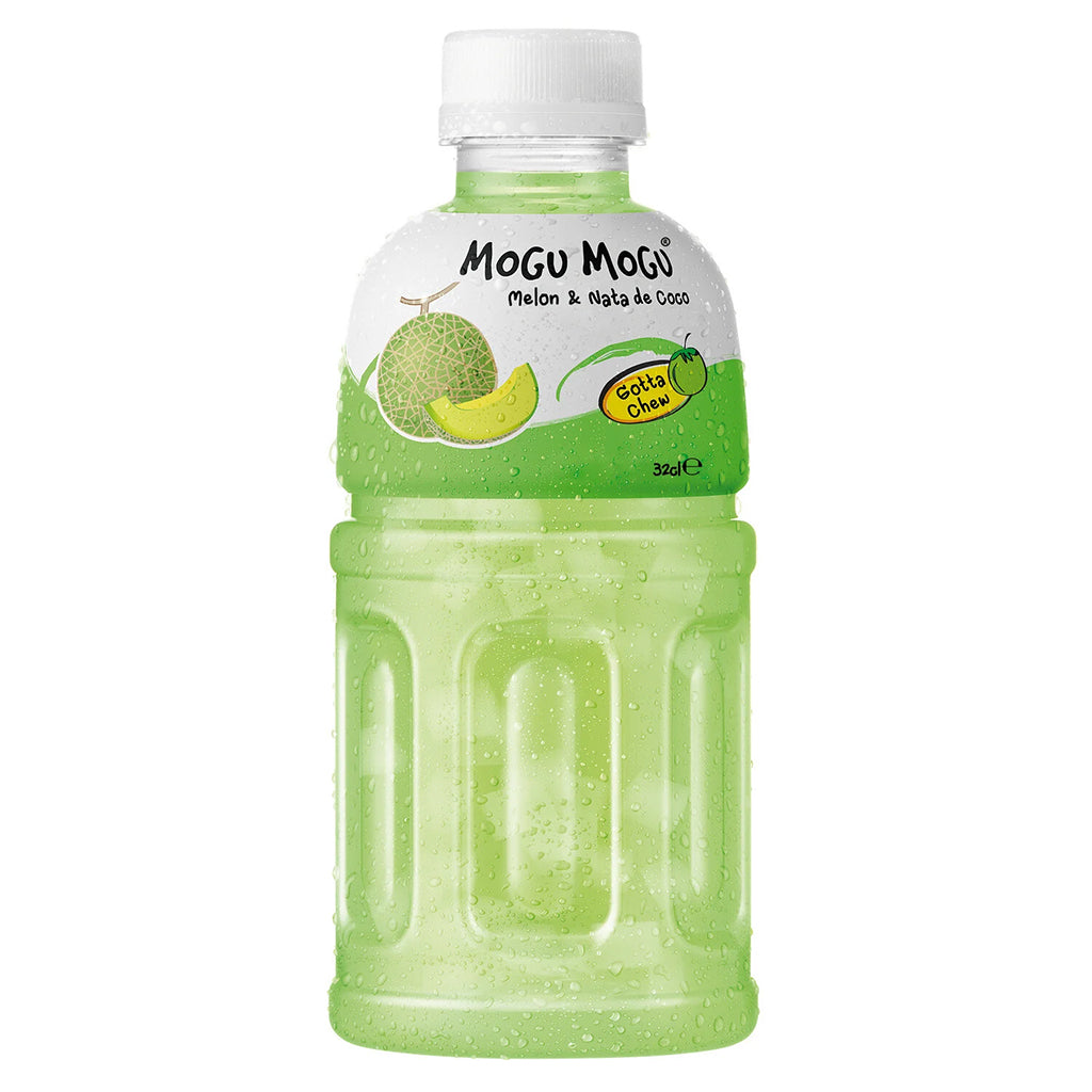 A bottle of Mogu Mogu Melon Flavored Drink enriched with chewy Nata de Coco pieces, 320ml packaging, isolated on white with water droplets on the surface.