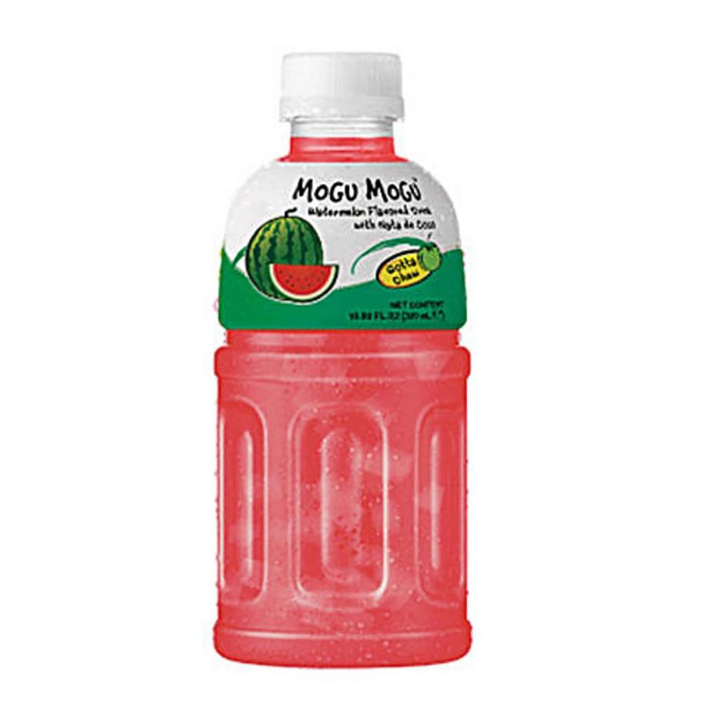 Bottle of Mogu Mogu Watermelon Flavoured Drink with Nata De Coco 320ml, with visible watermelon graphics and chewy jelly bits label.