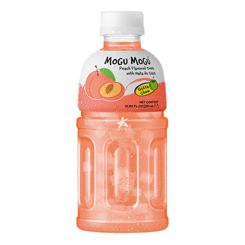 Mogu Mogu Peach Juice with Nata De Coco in 320ml bottle, refreshing drink with chewy coconut jelly pieces.