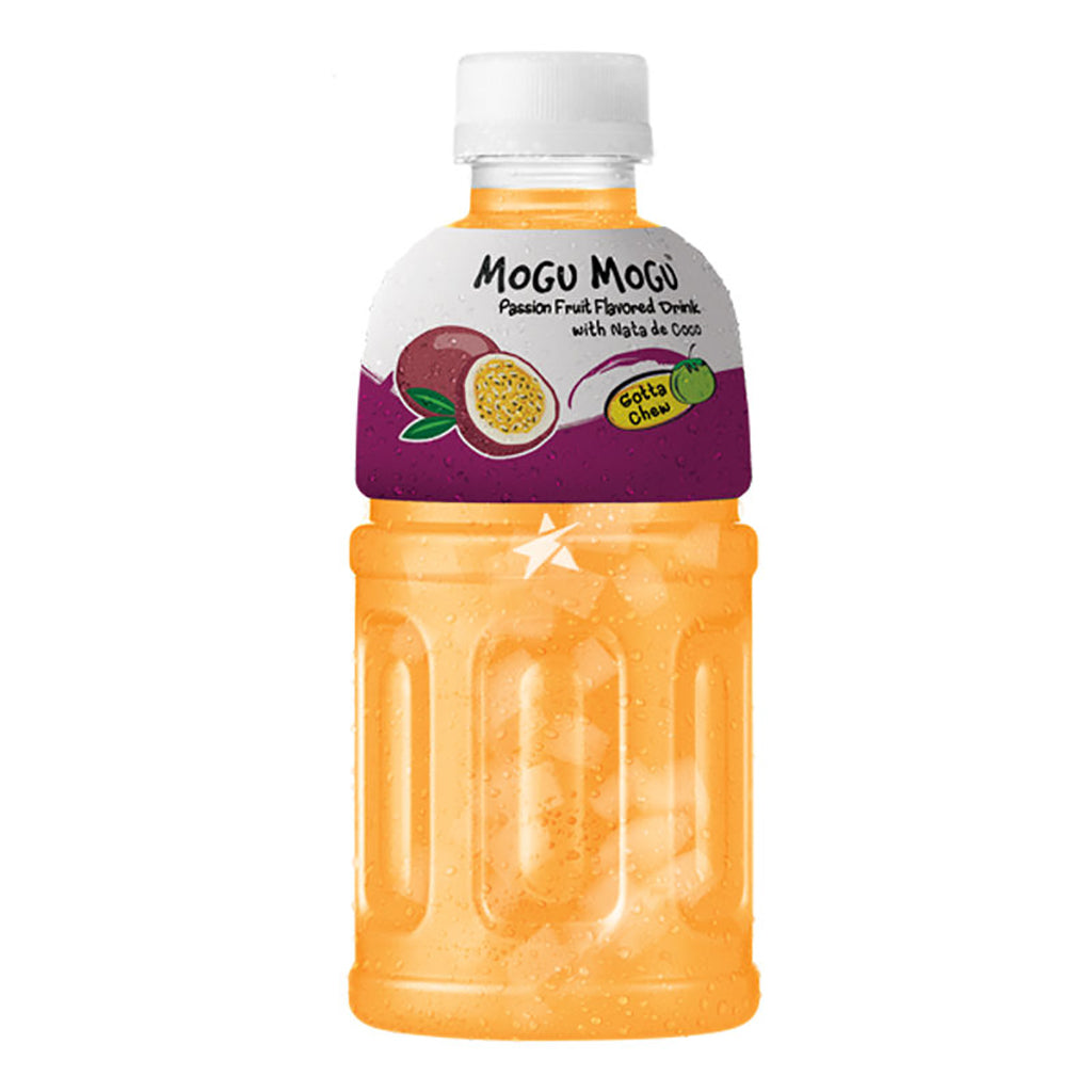 Mogu Mogu Passion Fruit Juice 320ml bottle with Nata de Coco visible, highlighted by refreshing juice droplets on bottle surface.