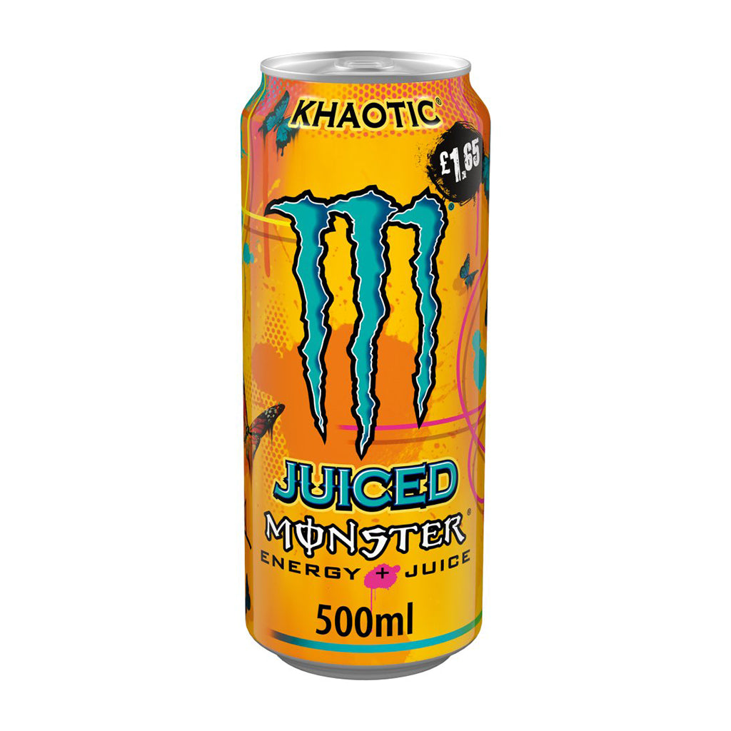Juiced Monster Energy Drink Khaotic flavor 500ml can with vibrant design and logo displayed