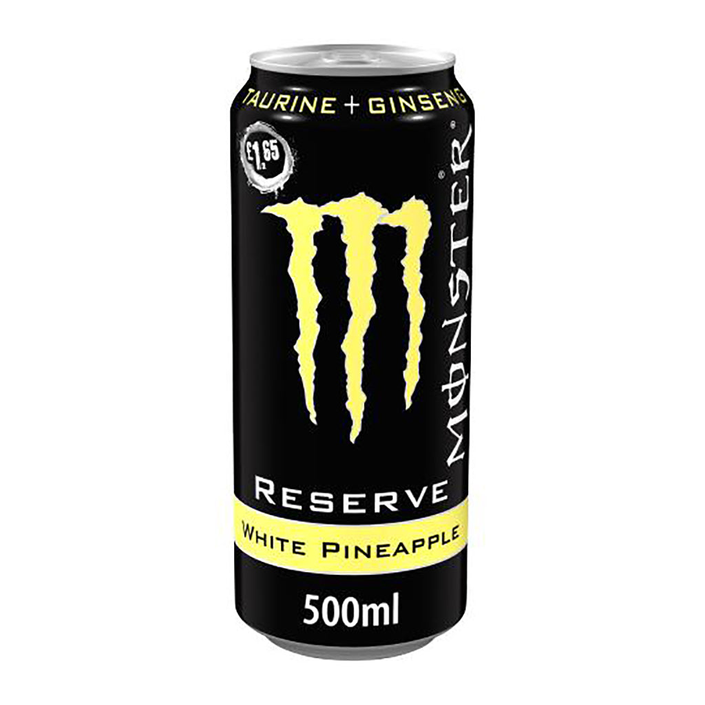 Monster Energy Drink Reserve White Pineapple flavor 500ml can with distinctive logo and black design.