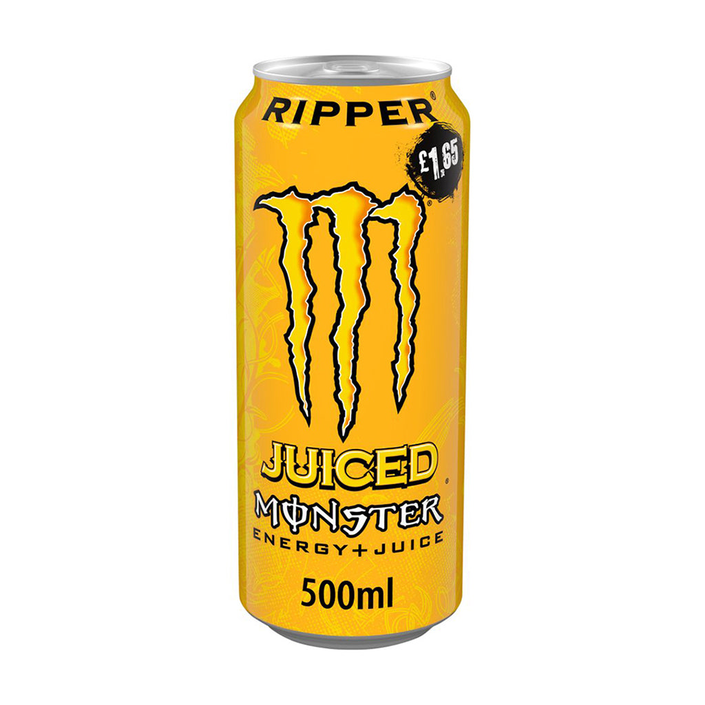 Monster Energy Drink Ripper 500ml can with distinctive black claw logo on vibrant yellow background, price label, and Energy+Juice text visible.