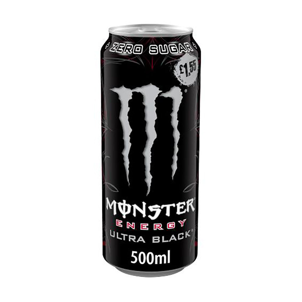 Monster Energy Ultra Black 500ml can with zero sugar label and price tag displayed.