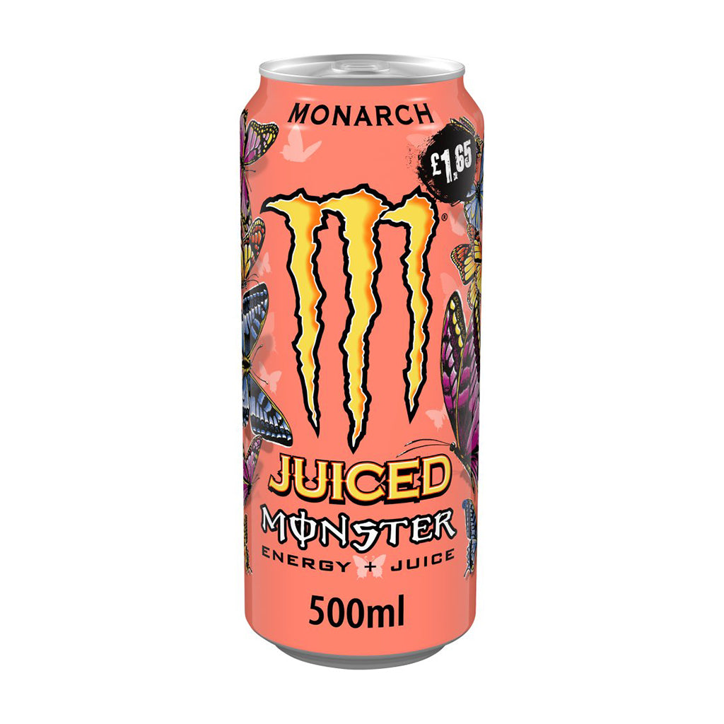 Monster Energy Monarch 500ml can with vibrant butterfly graphics and logo on a peach background.