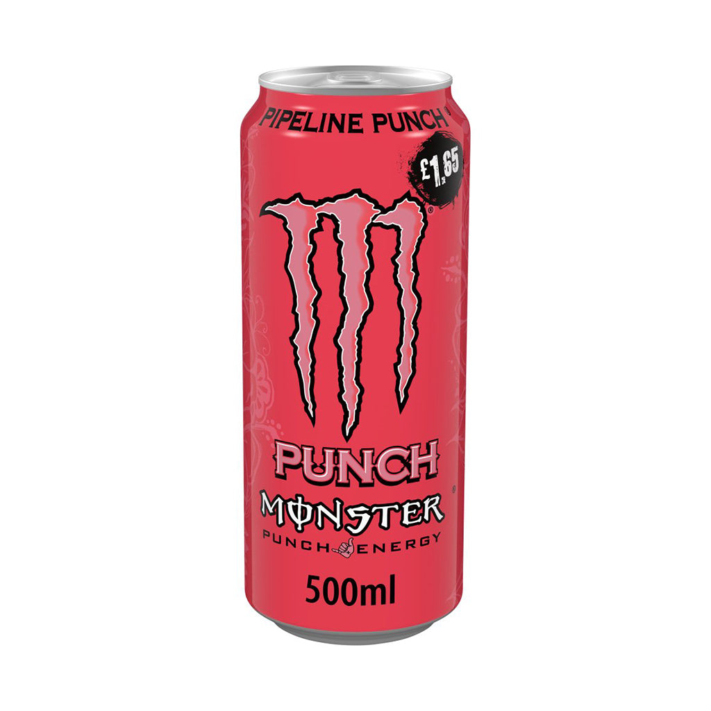 A 500ml can of Monster Energy Pipeline Punch with distinctive logo and tropical design, price tag visible.