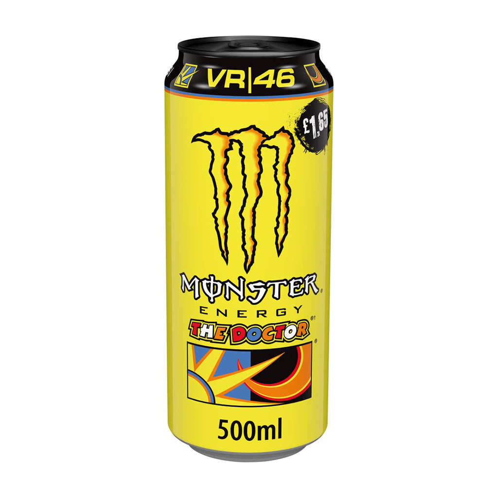 Monster Energy The Doctor 500ml can with vibrant yellow design and iconic claw logo