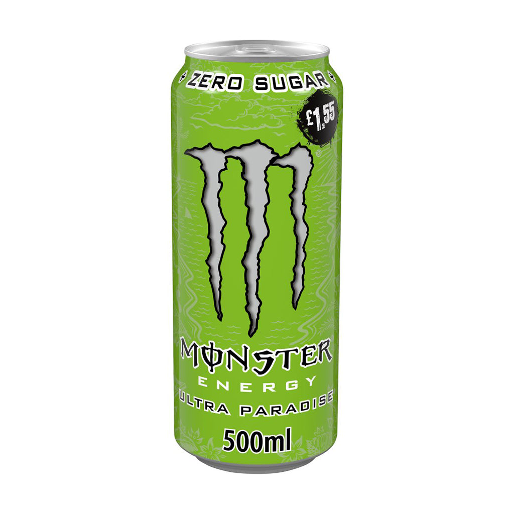 500ml Monster Energy Ultra Paradise can with vibrant green design and zero sugar label.