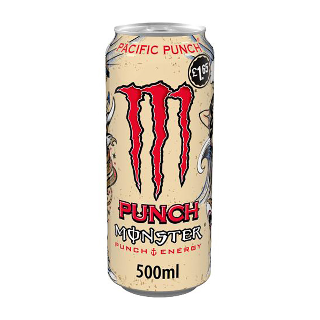 Monster Pacific Punch Energy 500ml can with classic logo and Hawaiian-inspired design.